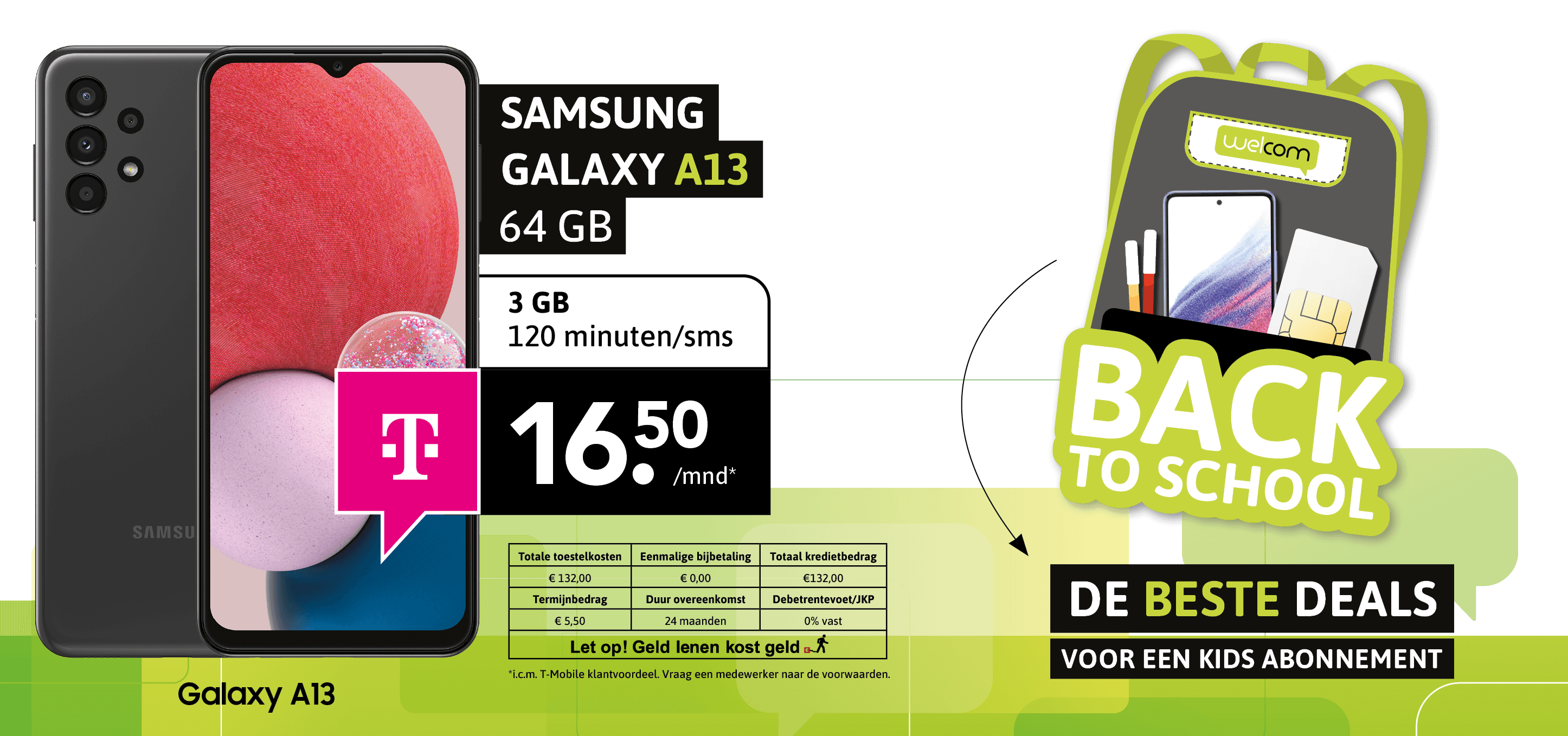 back to school Samsung A13 voor 16,50 per maand